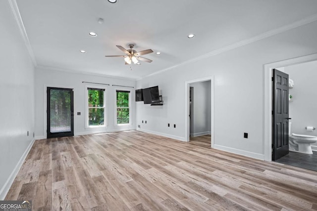 unfurnished living room featuring ornamental molding, recessed lighting, ceiling fan, light wood-style floors, and baseboards