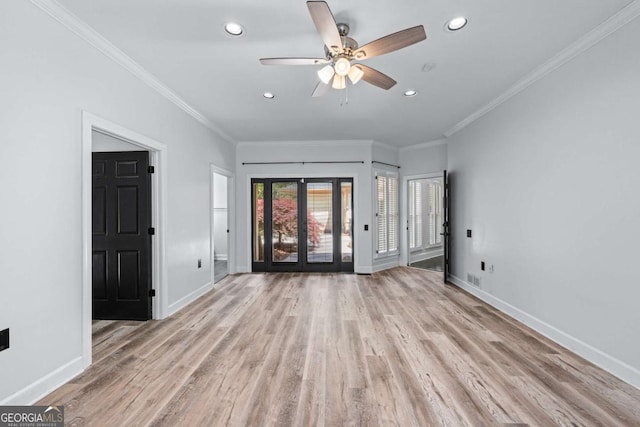 spare room featuring french doors, light wood-style flooring, baseboards, recessed lighting, and ceiling fan