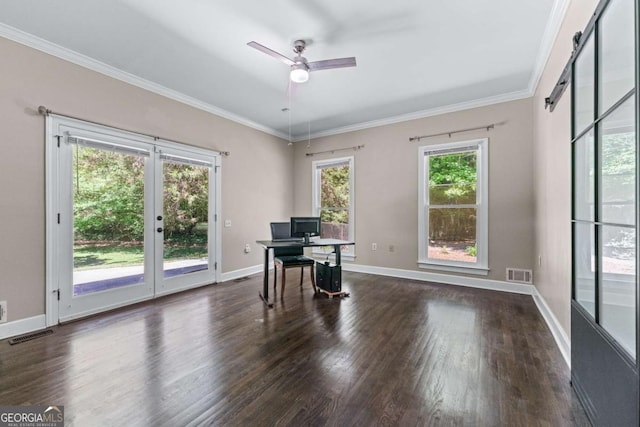 home office featuring dark wood-style floors, ornamental molding, ceiling fan, baseboards, and french doors