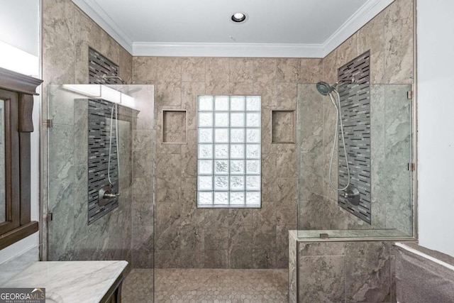 full bathroom featuring ornamental molding and walk in shower