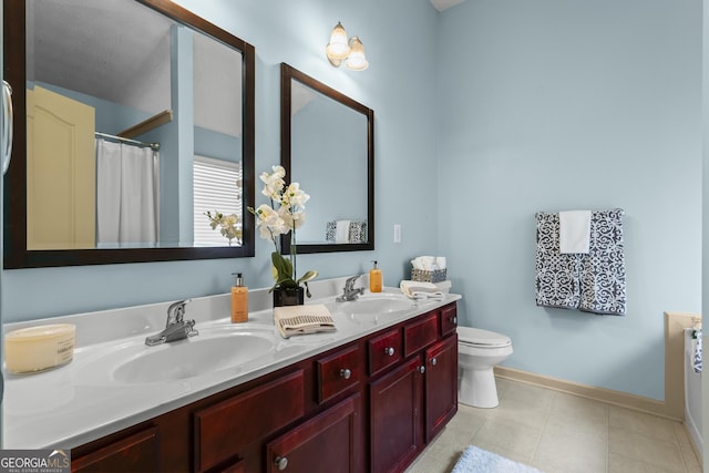 867 Crested Hawk Trl, Sugar Hill, GA 30518 - full bath with double vanity, tile patterned floors, and a shower with shower curtain