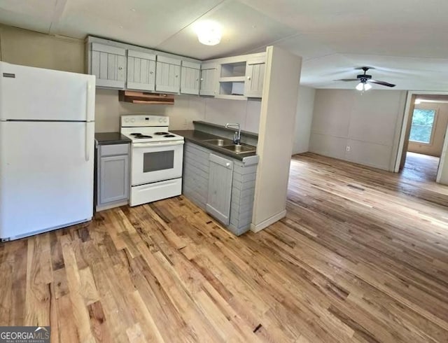 916 Friendly Mission Ln, Cornelia, GA 30531 - kitchen with white appliances, a sink, dark countertops, under cabinet range hood, and a ceiling fan