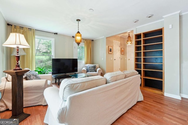 living room featuring ornamental molding, light wood finished floors, and baseboards