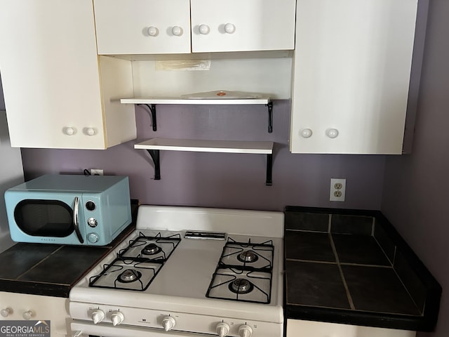 kitchen with white range with gas stovetop, pet washing station, and open shelves