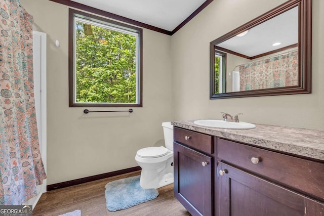 315 April Trce, Dawsonville, GA 30534 - bathroom with crown molding, wood finished floors, baseboards, toilet, and vanity
