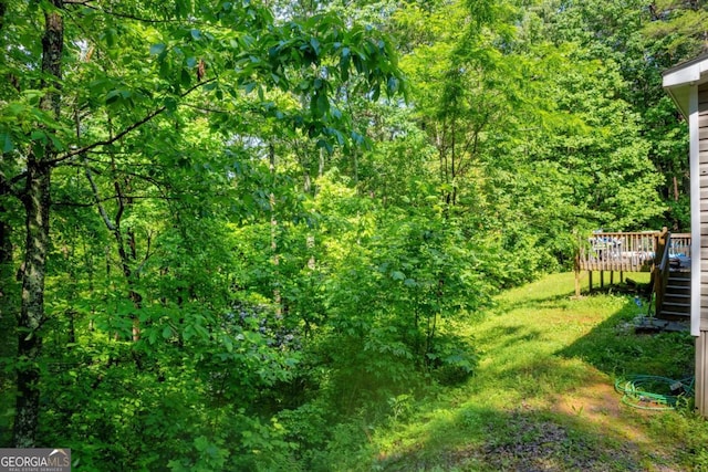 315 April Trce, Dawsonville, GA 30534 - view of yard featuring a deck, stairs, and a wooded view