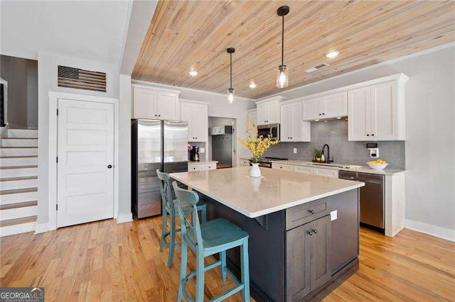 8007 Wishaw Ct, Douglasville, GA 30187 - kitchen with appliances with stainless steel finishes, a sink, wooden ceiling, white cabinets, and light wood-style floors