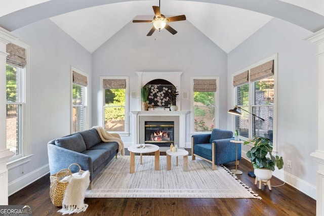 3302 Anna Ruby Ln, Buford, GA 30519 - living area with a glass covered fireplace, wood finished floors, arched walkways, a ceiling fan, and baseboards
