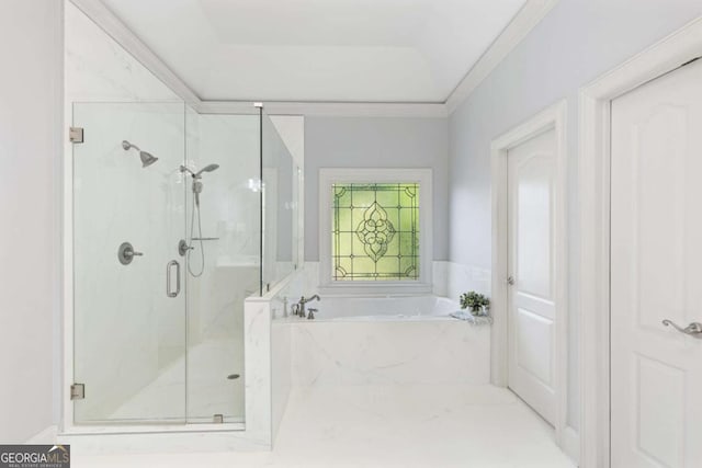 3302 Anna Ruby Ln, Buford, GA 30519 - bathroom featuring a marble finish shower, a garden tub, and crown molding