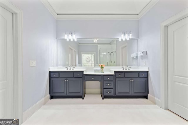 3302 Anna Ruby Ln, Buford, GA 30519 - bathroom featuring a stall shower, double vanity, crown molding, and baseboards