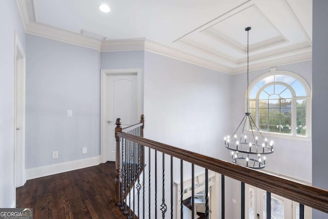 3302 Anna Ruby Ln, Buford, GA 30519 - hallway featuring a chandelier, an upstairs landing, crown molding, wood finished floors, and baseboards