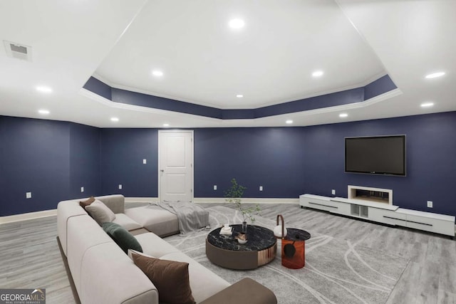 3302 Anna Ruby Ln, Buford, GA 30519 - cinema room with a tray ceiling, crown molding, wood finished floors, recessed lighting, and baseboards