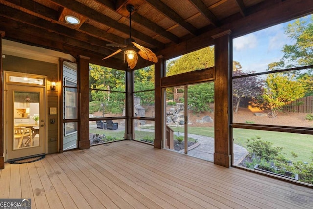 3302 Anna Ruby Ln, Buford, GA 30519 - unfurnished sunroom with ceiling fan and beamed ceiling