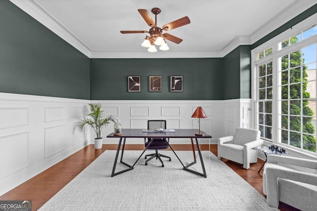 3302 Anna Ruby Ln, Buford, GA 30519 - office space with a ceiling fan, a decorative wall, ornamental molding, wainscoting, and dark wood-style floors