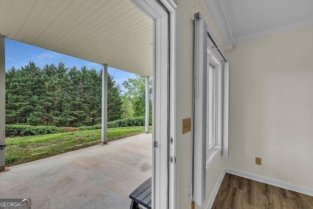 doorway with ornamental molding, baseboards, and healthy amount of natural light