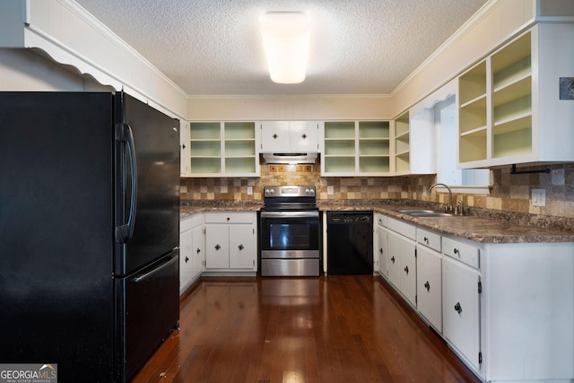 701 W Nance Springs Rd SW, Dalton, GA 30721 - kitchen featuring black appliances, open shelves, under cabinet range hood, a sink, and a textured ceiling