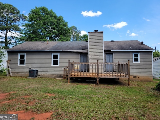 1094 Reynolds Ct, Morrow, GA 30260 - rear view of house with crawl space, a wooden deck, a lawn, a chimney, and central AC unit