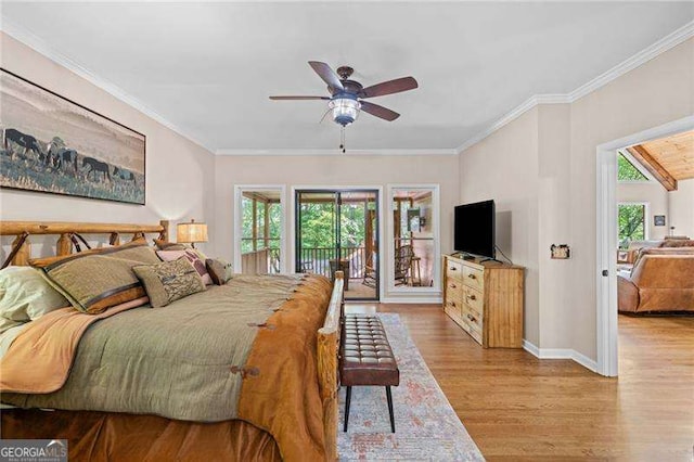 bedroom featuring access to outside, wood finished floors, ornamental molding, baseboards, and ceiling fan