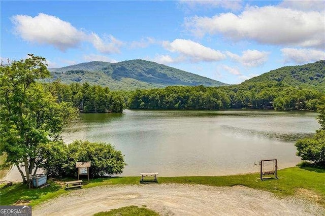 water view with a mountainous background and a forest