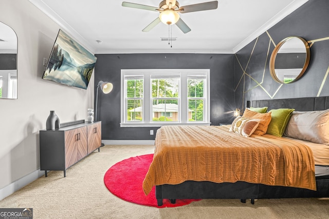 2744 Bell Dr SE, Smyrna, GA 30080 - bedroom with light colored carpet, baseboards, crown molding, and a ceiling fan