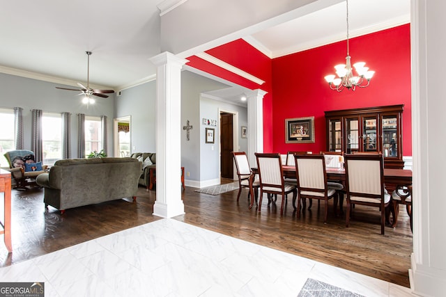 1365 Ivy Plantation, Monroe, GA 30656 - dining room with crown molding, ornate columns, a ceiling fan, a chandelier, and marble look tiles