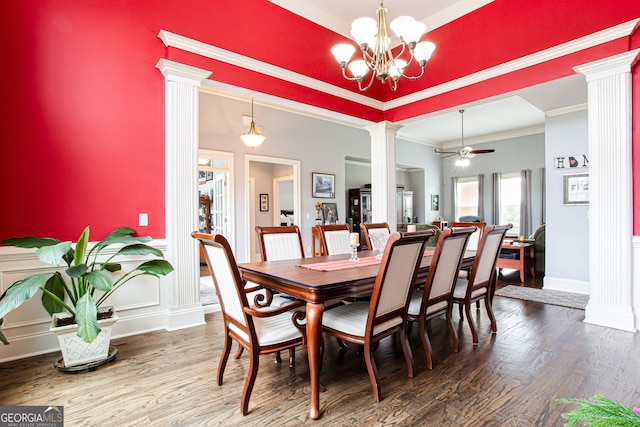 1365 Ivy Plantation, Monroe, GA 30656 - dining area with ornate columns, wood finished floors, a chandelier, ornamental molding, and ceiling fan