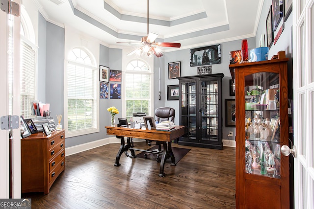 1365 Ivy Plantation, Monroe, GA 30656 - home office featuring a ceiling fan, dark wood-type flooring, a raised ceiling, crown molding, and baseboards