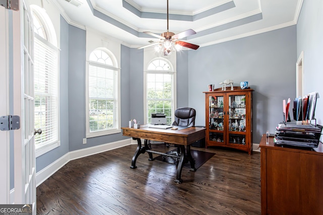 1365 Ivy Plantation, Monroe, GA 30656 - home office with dark wood-type flooring, ceiling fan, a tray ceiling, and ornamental molding