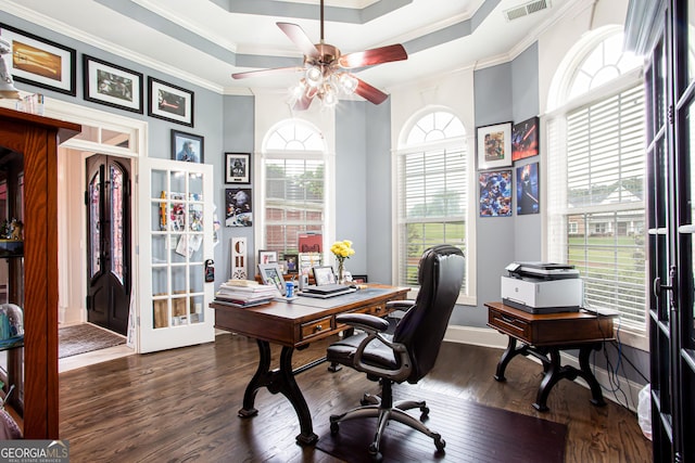 1365 Ivy Plantation, Monroe, GA 30656 - office area featuring dark wood-type flooring, ceiling fan, a raised ceiling, and ornamental molding