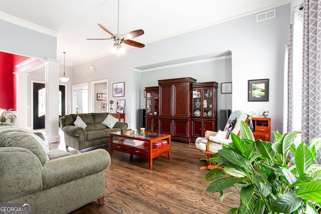1365 Ivy Plantation, Monroe, GA 30656 - living room with dark wood-style flooring, crown molding, a ceiling fan, and decorative columns