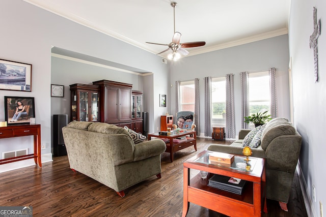 1365 Ivy Plantation, Monroe, GA 30656 - living area featuring dark wood finished floors, ornamental molding, and a ceiling fan