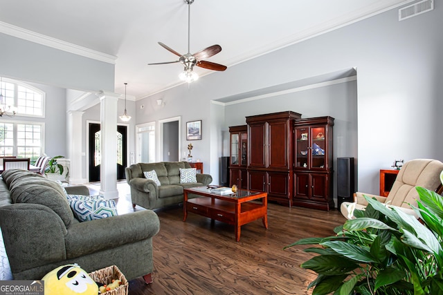 1365 Ivy Plantation, Monroe, GA 30656 - living area featuring ornate columns, dark wood finished floors, ceiling fan, and ornamental molding
