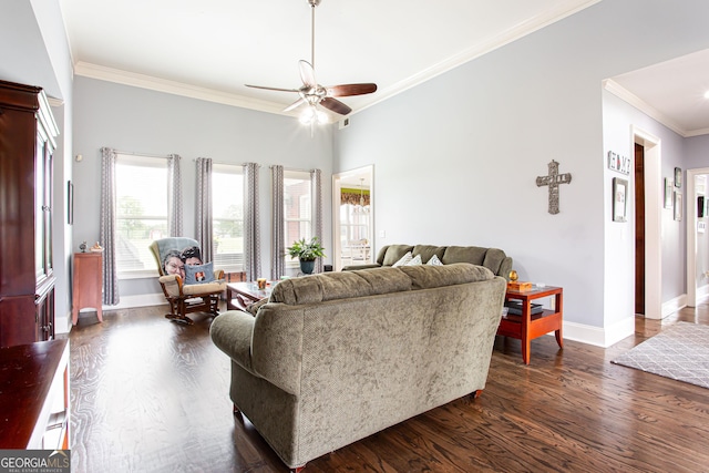1365 Ivy Plantation, Monroe, GA 30656 - living room with ornamental molding, a ceiling fan, baseboards, and dark wood-style flooring