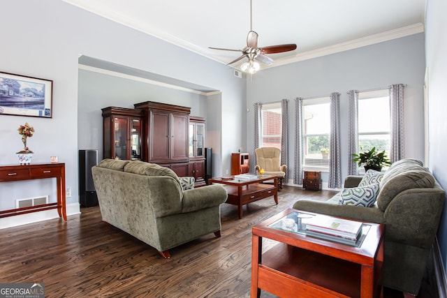 1365 Ivy Plantation, Monroe, GA 30656 - living area featuring ornamental molding, dark wood finished floors, and ceiling fan