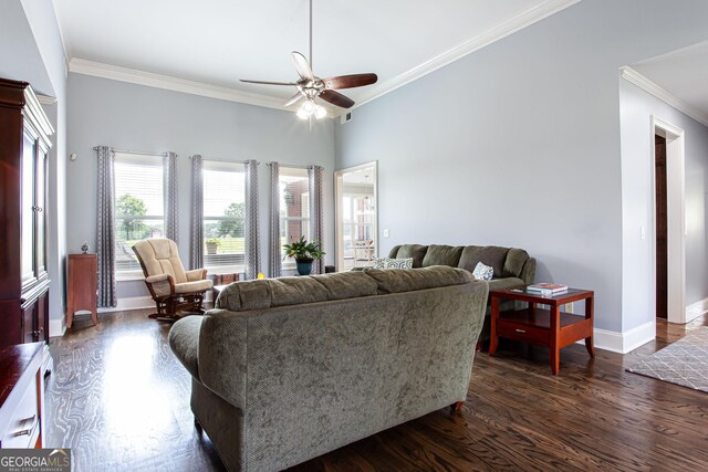 1365 Ivy Plantation, Monroe, GA 30656 - living area featuring ornamental molding, ceiling fan, and dark wood-type flooring