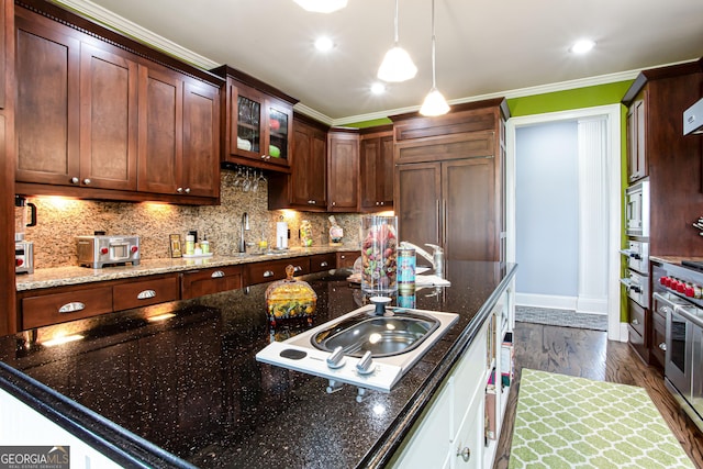 1365 Ivy Plantation, Monroe, GA 30656 - kitchen with a sink, dark wood-style floors, ornamental molding, backsplash, and decorative light fixtures