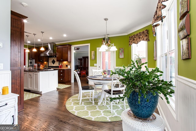1365 Ivy Plantation, Monroe, GA 30656 - dining space with a wainscoted wall, dark wood finished floors, ornamental molding, and recessed lighting