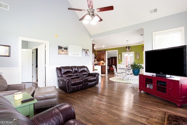 1365 Ivy Plantation, Monroe, GA 30656 - living room with ceiling fan, high vaulted ceiling, wood finished floors, and a wainscoted wall