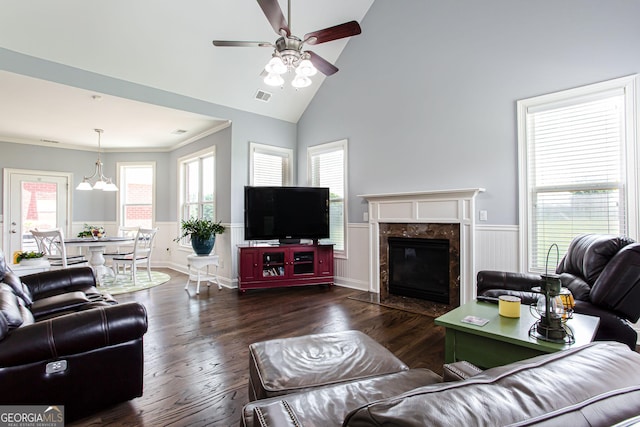 1365 Ivy Plantation, Monroe, GA 30656 - living area with a ceiling fan, wainscoting, healthy amount of natural light, high vaulted ceiling, and wood finished floors
