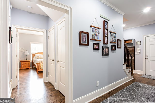 1365 Ivy Plantation, Monroe, GA 30656 - hall featuring dark wood-style flooring, crown molding, stairway, and baseboards