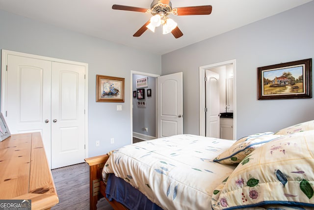 1365 Ivy Plantation, Monroe, GA 30656 - bedroom featuring wood finished floors, a closet, ceiling fan, and ensuite bath