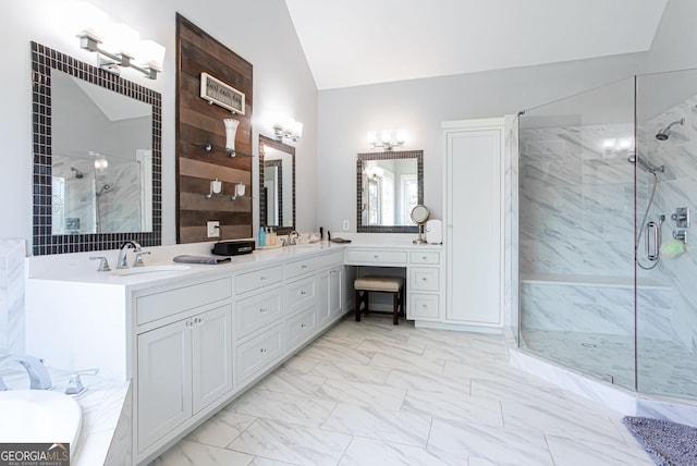 1365 Ivy Plantation, Monroe, GA 30656 - bathroom with a marble finish shower, vaulted ceiling, double vanity, marble finish flooring, and a tub