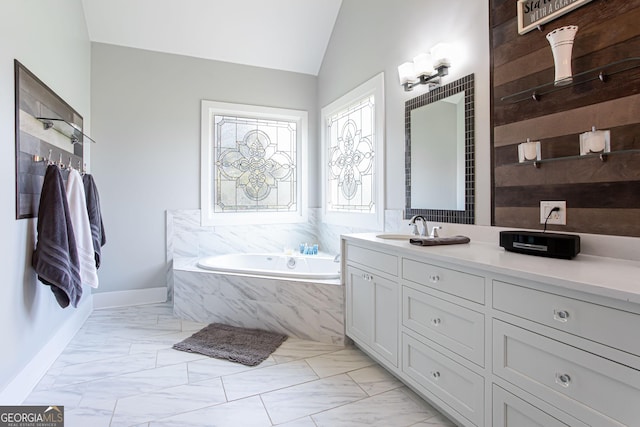 1365 Ivy Plantation, Monroe, GA 30656 - bathroom with a garden tub, vanity, marble finish floors, and lofted ceiling