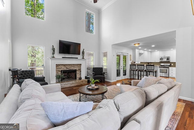 226 Le Paradis Blvd, Sharpsburg, GA 30277 - living area with crown molding, a towering ceiling, healthy amount of natural light, dark wood-type flooring, and baseboards