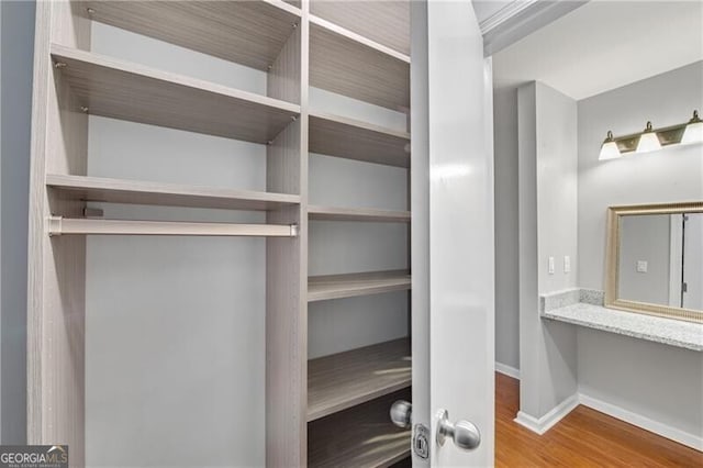 walk in closet with wood finished floors