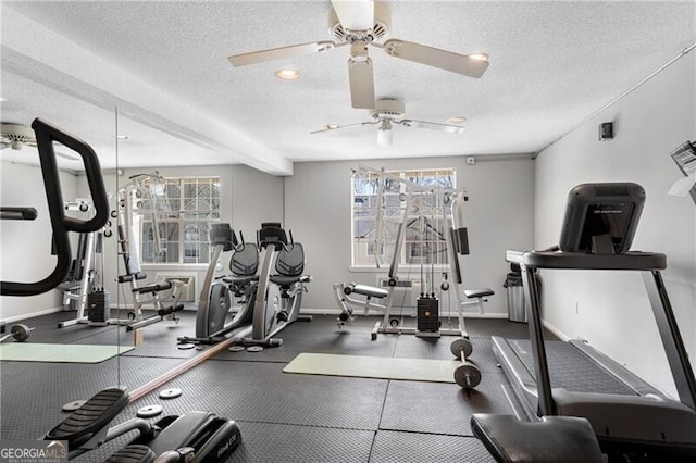 3655 Habersham Rd NE Unit 244B, Atlanta, GA 30305 - workout area featuring a textured ceiling, plenty of natural light, ceiling fan, and baseboards