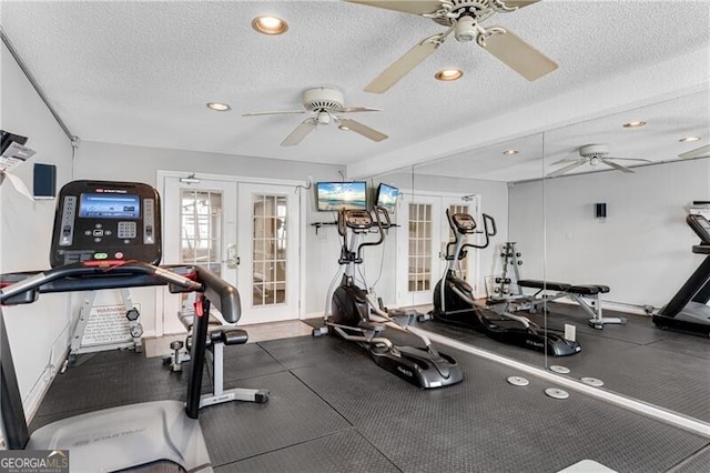 3655 Habersham Rd NE Unit 244B, Atlanta, GA 30305 - exercise room with french doors, a ceiling fan, a textured ceiling, and recessed lighting