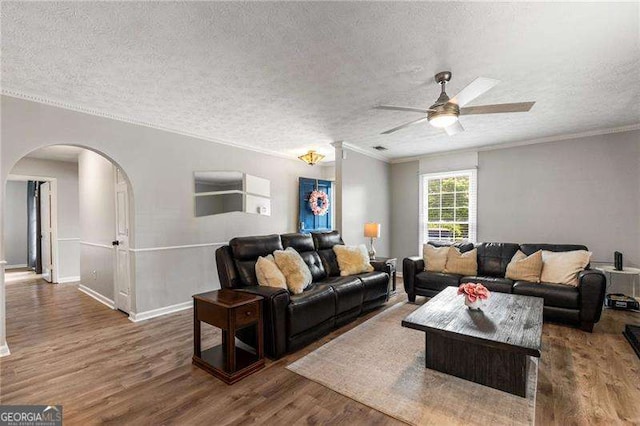 1140 Moorestown Cir, Decatur, GA 30033 - living room featuring arched walkways, ornamental molding, wood finished floors, a ceiling fan, and a textured ceiling