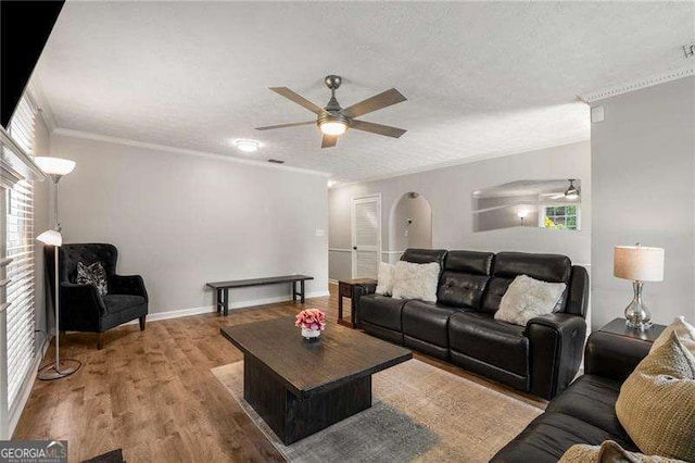 1140 Moorestown Cir, Decatur, GA 30033 - living room featuring a ceiling fan, light wood-style flooring, crown molding, a textured ceiling, and baseboards
