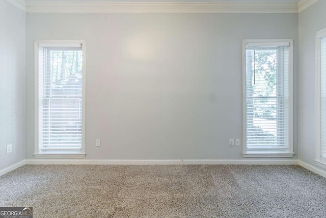 carpeted empty room featuring crown molding, baseboards, and healthy amount of natural light